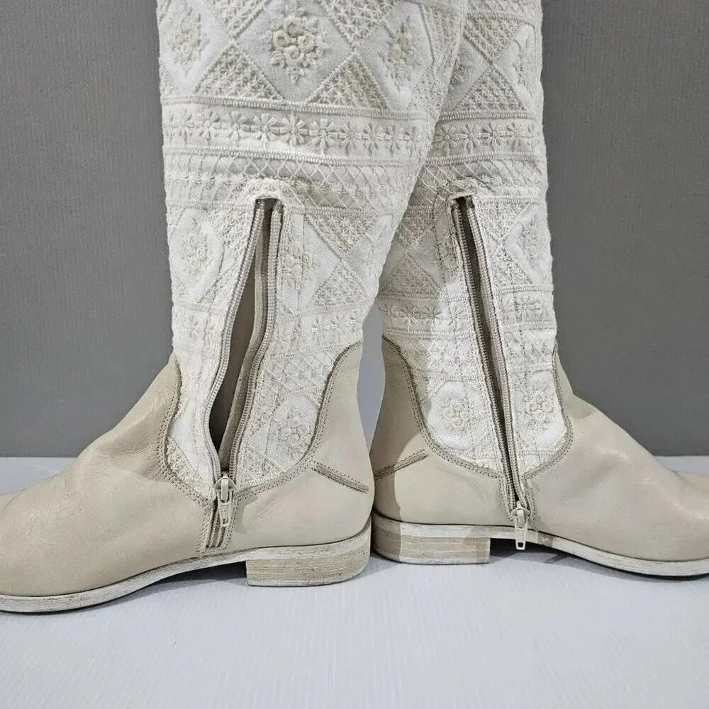 Free People Bren Knee High Boot Women EU 38.5 Cream Embroidered Boho Slouchy NEW